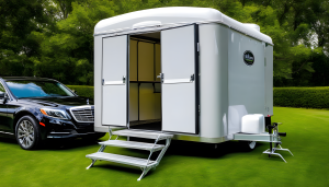 General director of a huge investing hedge is using a portable restroom trailer on a VIP BBQ party