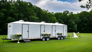 Outdoor wedding party with portable restroom trailer in the background